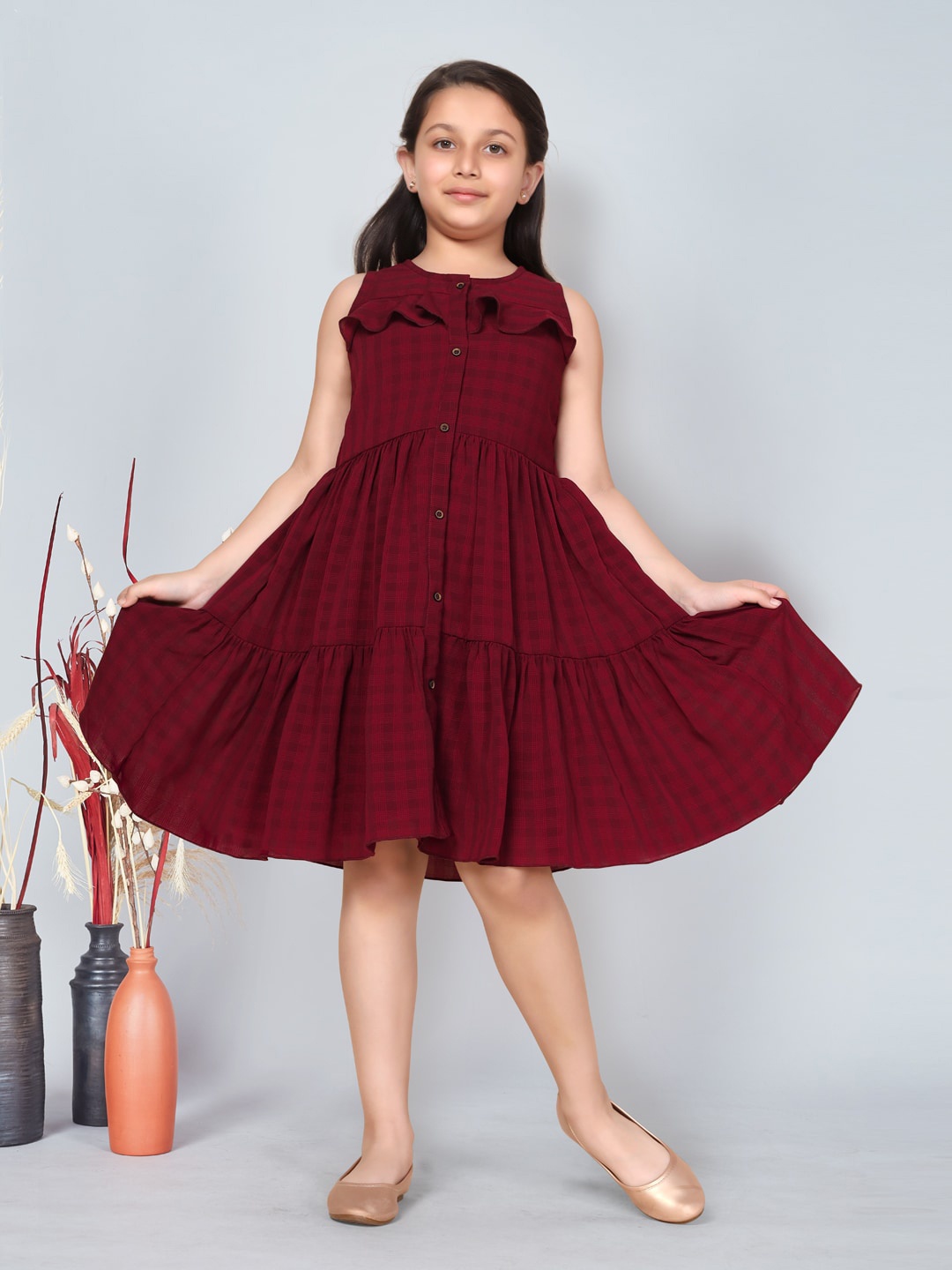 

FASHION DREAM Girls Checked Sleeveless Ruffed Tiered Fit & Flare Dress, Maroon