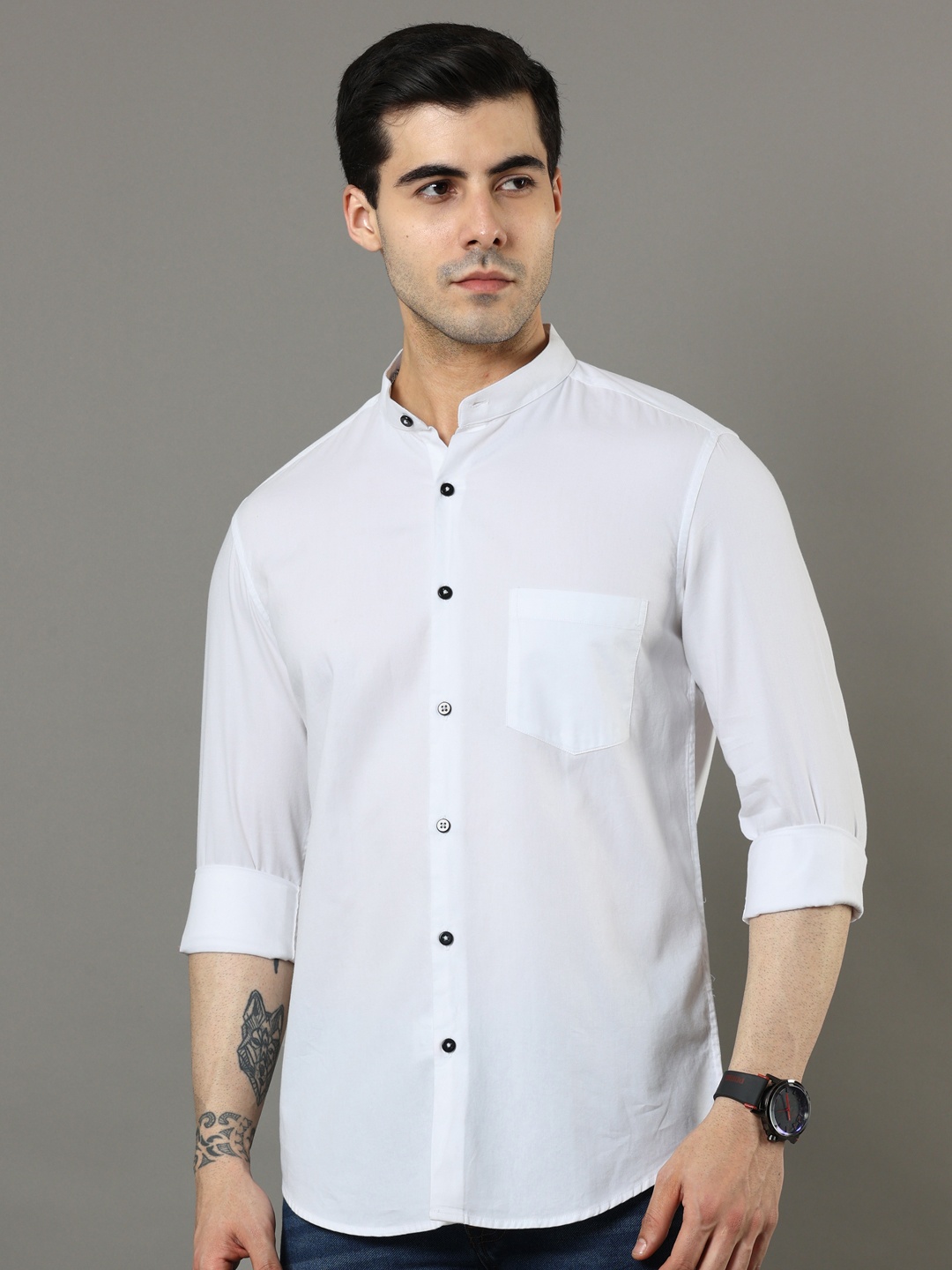 

Bushirt Band Collar Cotton Classic Casual Shirt, White