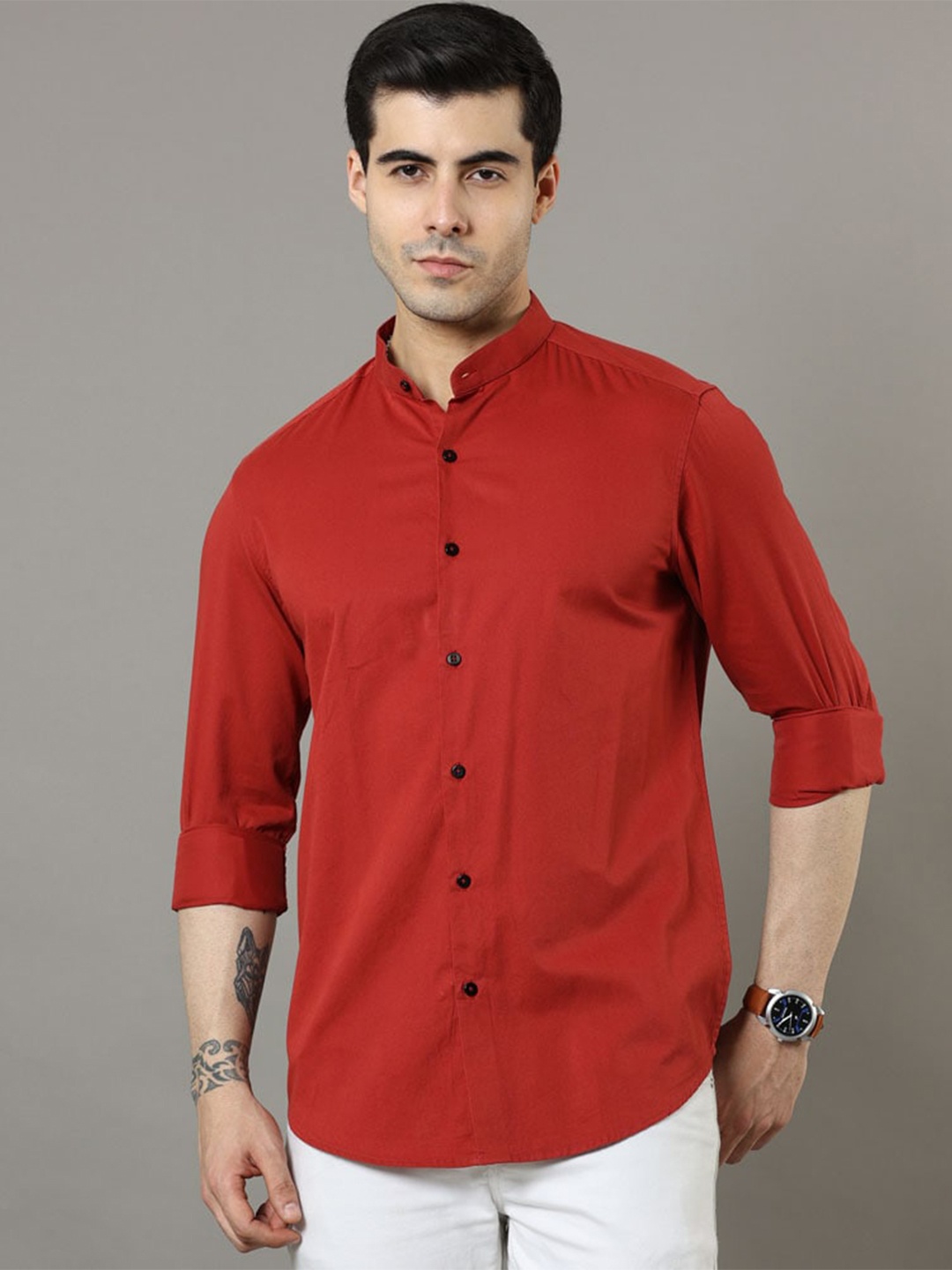 

Bushirt Cotton Mandarin Collar Classic Opaque Casual Shirt, Red