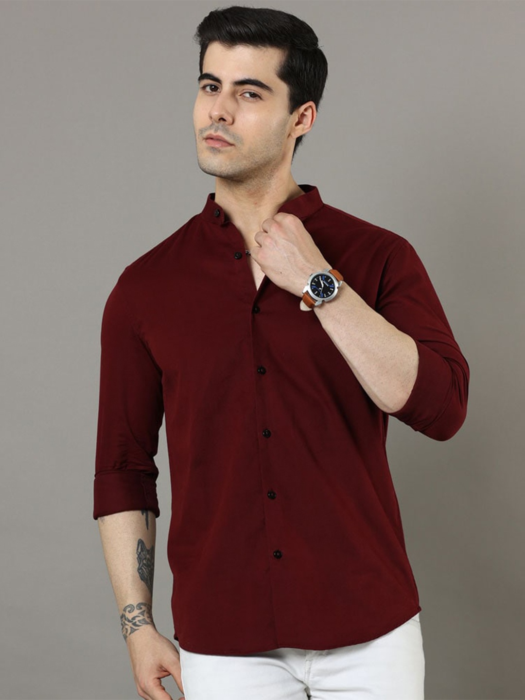 

Bushirt Cotton Mandarin Collar Classic Opaque Casual Shirt, Maroon