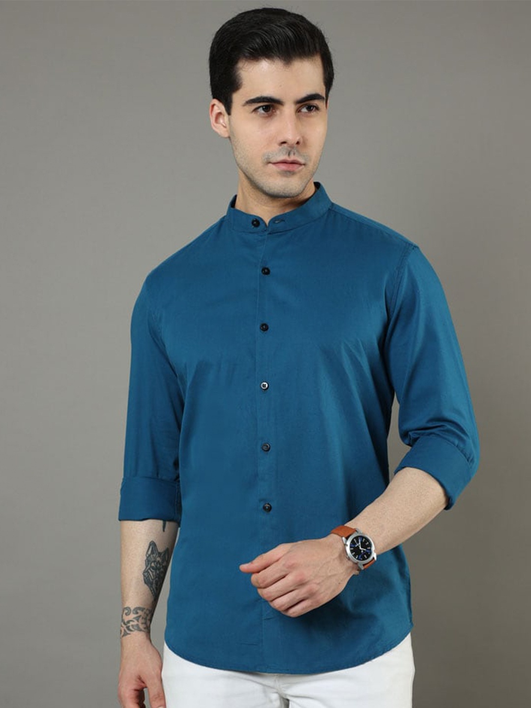 

Bushirt Cotton Mandarin Collar Classic Opaque Casual Shirt, Teal