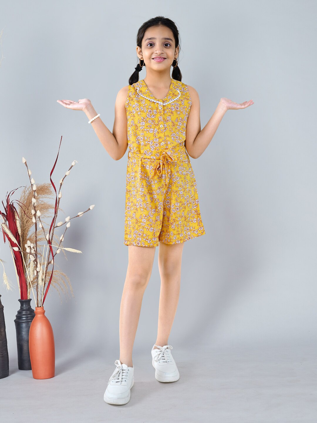 

FASHION DREAM Girls Floral Printed Waist Tie-Ups Playsuit, Yellow
