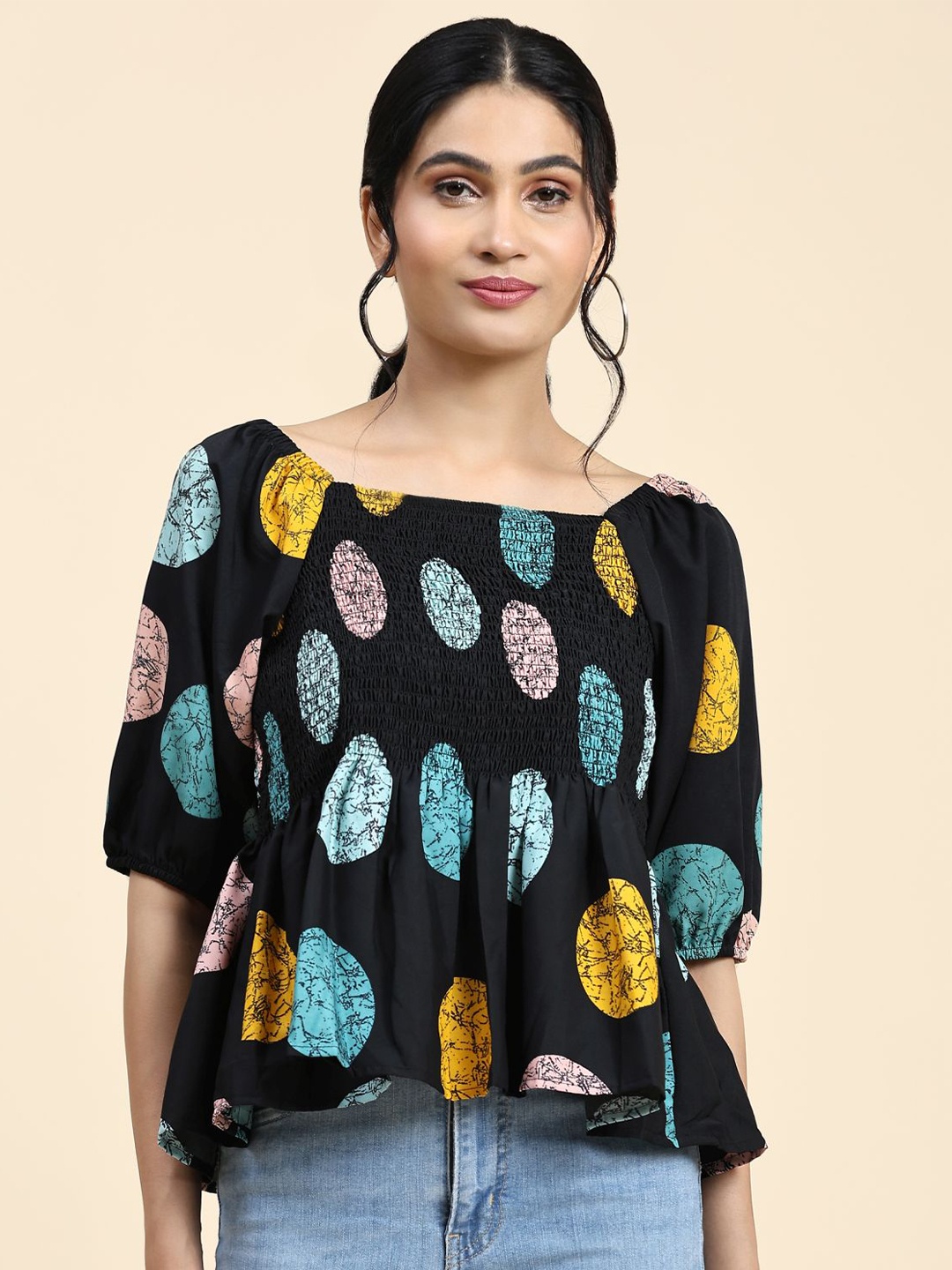 

RACHNA Conversational Printed Puff Sleeves Top, Black