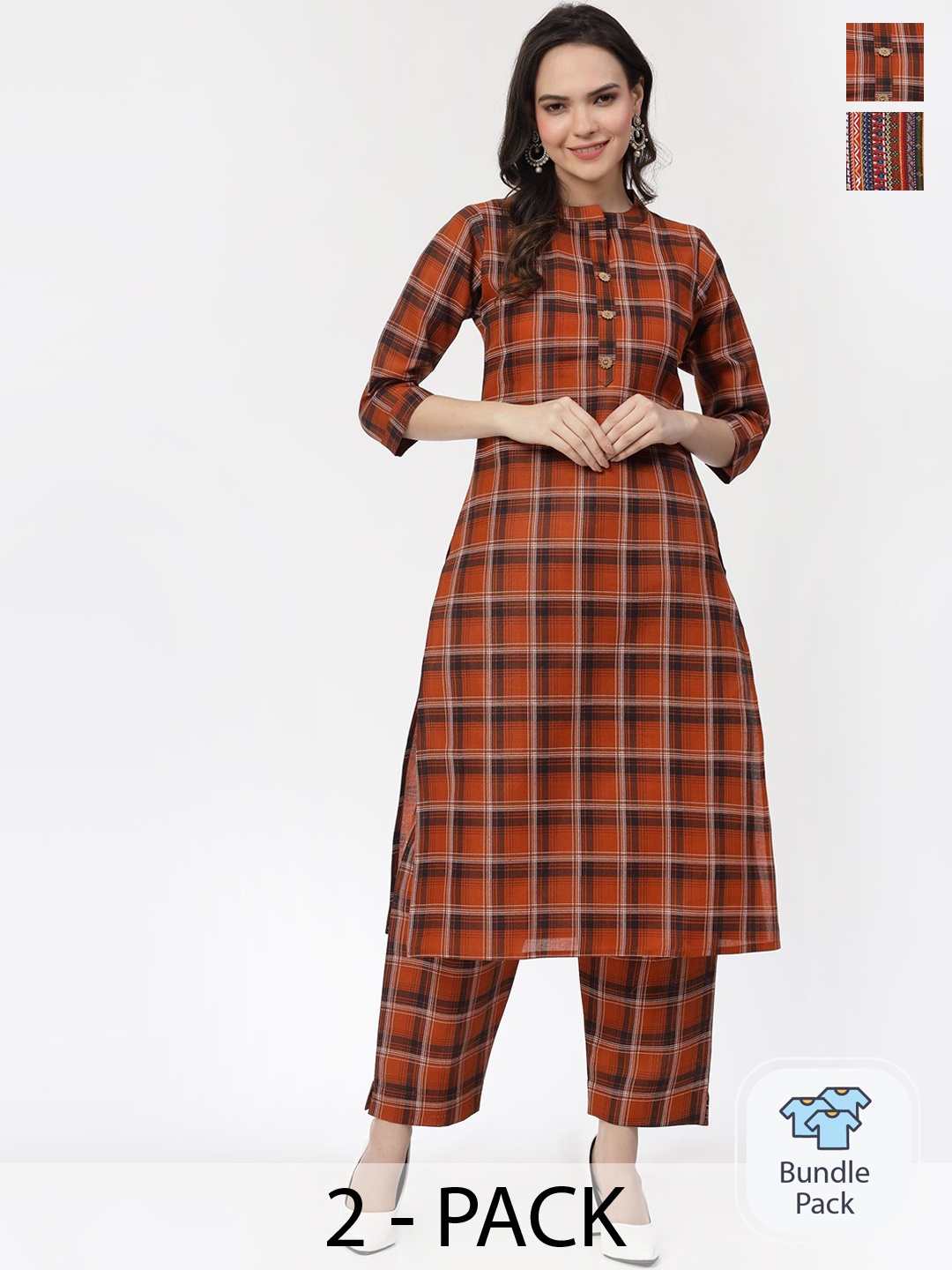 

KALINI Selection Of 2 Checked Mandarin Collar Pure Cotton Kurta With Trousers, Orange