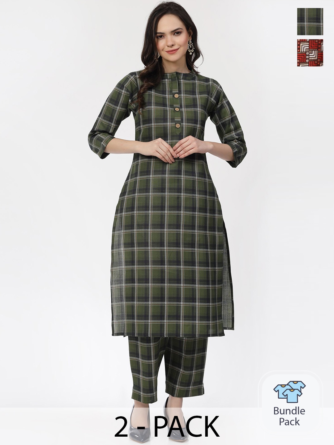 KALINI Selection Of 2 Checked Mandarin Collar Pure Cotton Kurta With Trousers, Green