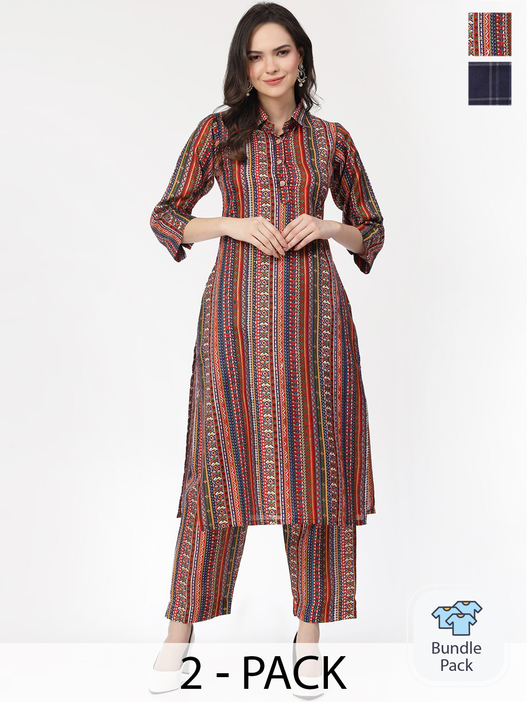 

KALINI Selection Of 2 Tribal Printed Pure Cotton Straight Kurta with Trousers, Red