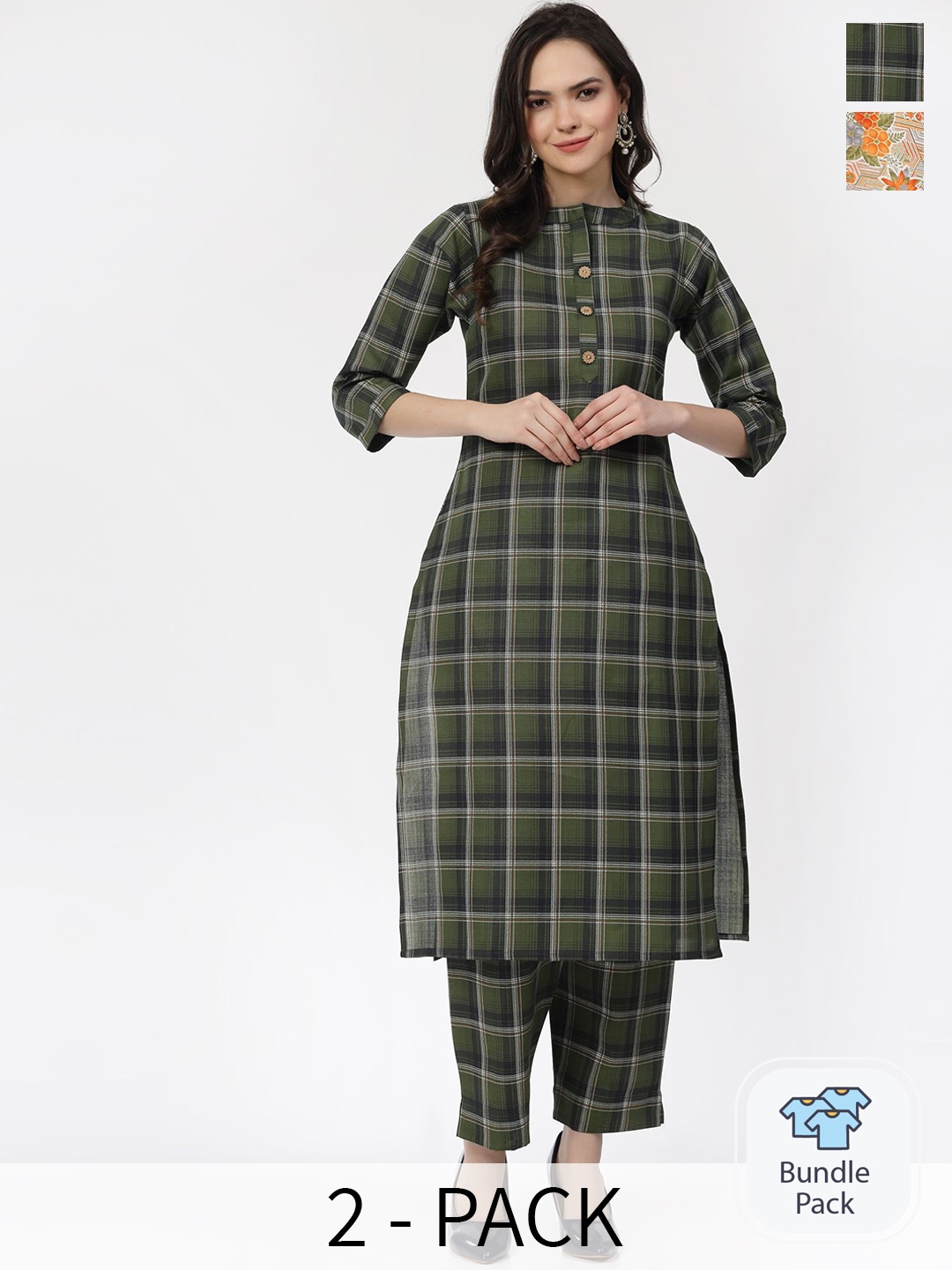 

KALINI Selection Of 2 Checked Pure Cotton A-Line Kurta with Trousers, Green