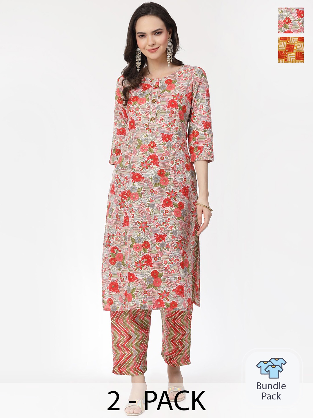 

KALINI Selection Of 2 Printed Regular Pure Cotton Gotta Patti Kurta with Trousers, Pink