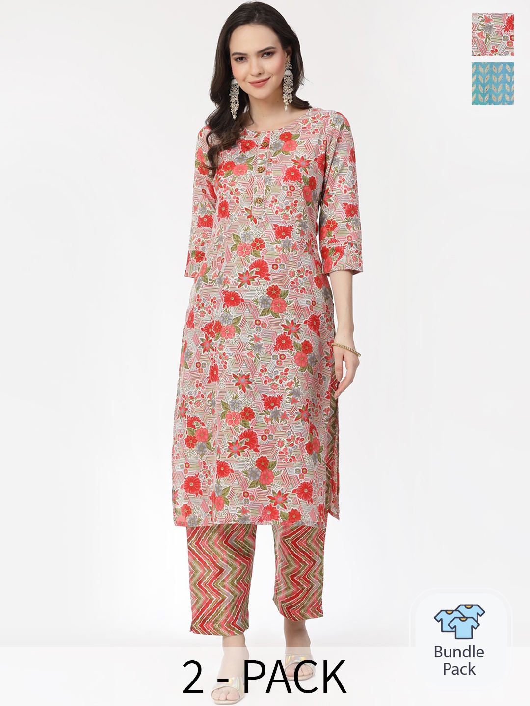 

KALINI Selection Of 2 Printed Regular Pure Cotton Gotta Patti Kurta with Trousers, Pink