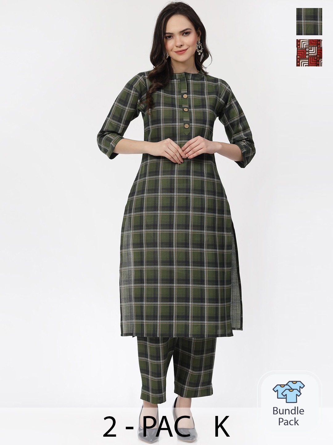 

KALINI Selection Of 2 Checked Pure Cotton A-Line Kurta with Trousers, Green