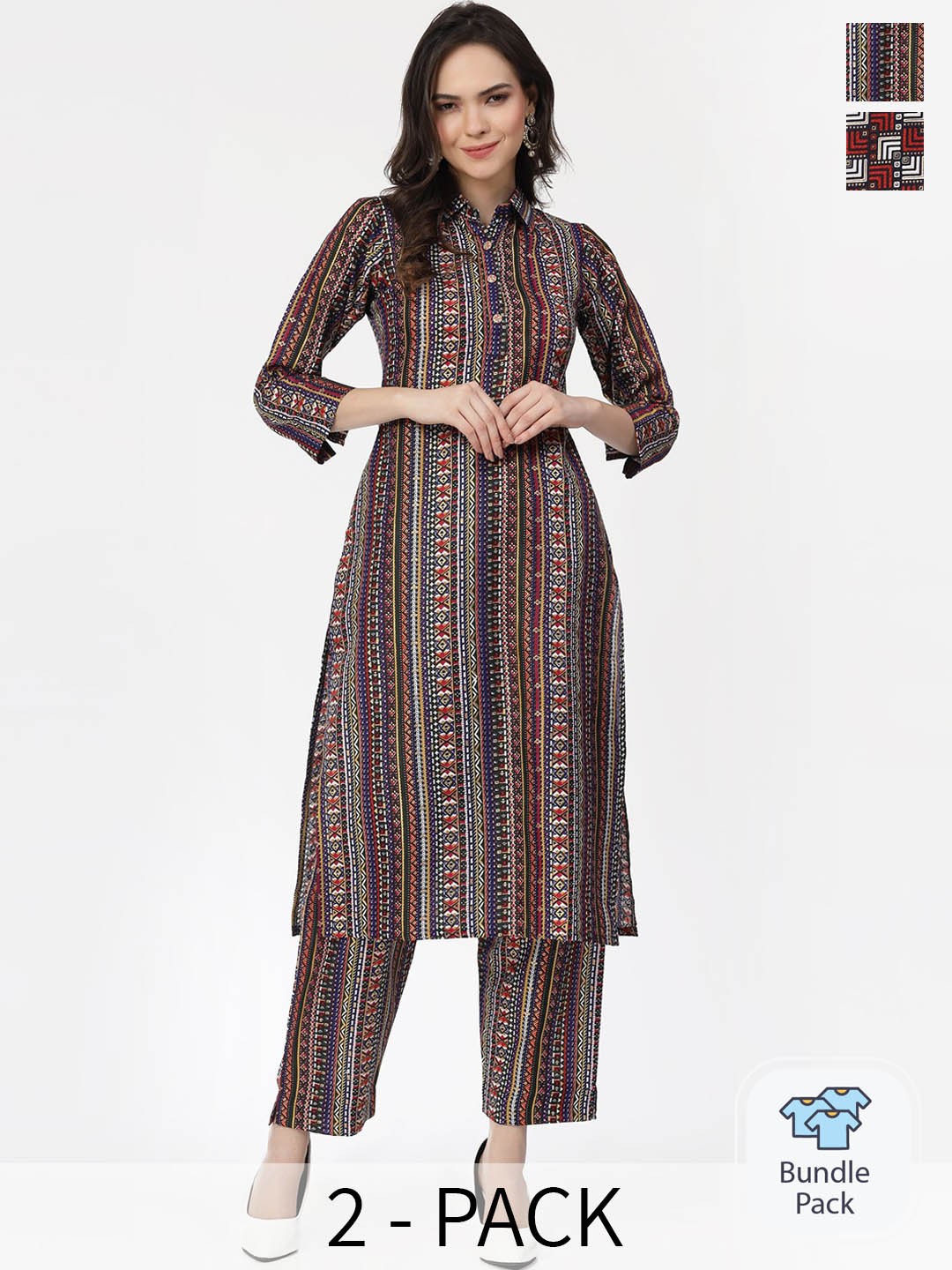 

KALINI Selection Of 2 Ethnic Motifs Printed Shirt Collar Pure Cotton Kurta With Trousers, Red