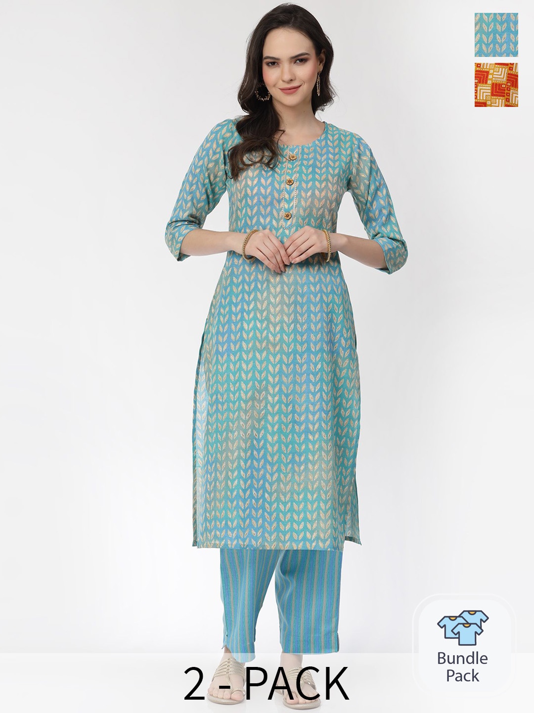 

KALINI Selection Of 2 Geometric Printed Pure Cotton Straight Kurta with Trousers, Blue