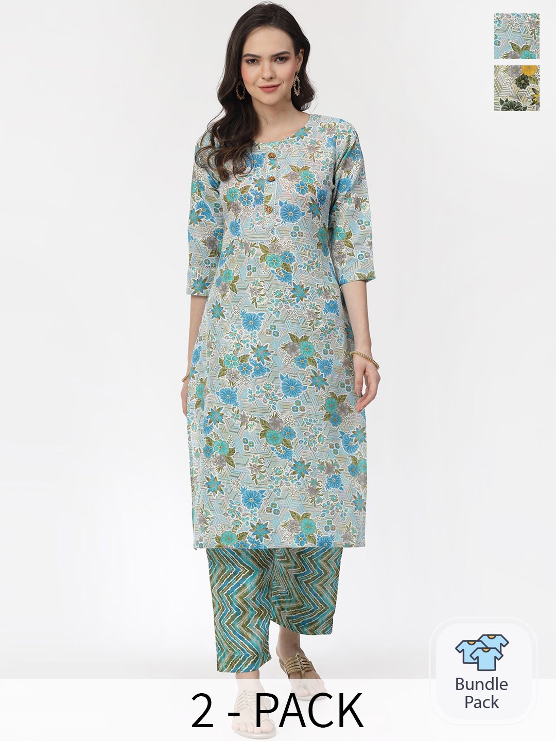 

KALINI Selection Of 2 Floral Printed Pure Cotton Straight Kurta with Trousers, Blue