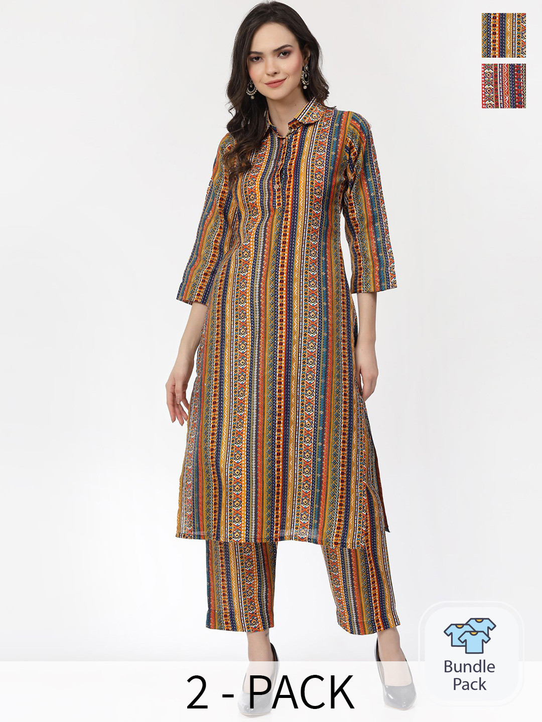 

KALINI Selection Of 2 Ethnic Motifs Printed Shirt Collar Pure Cotton Kurta With Trousers, Red