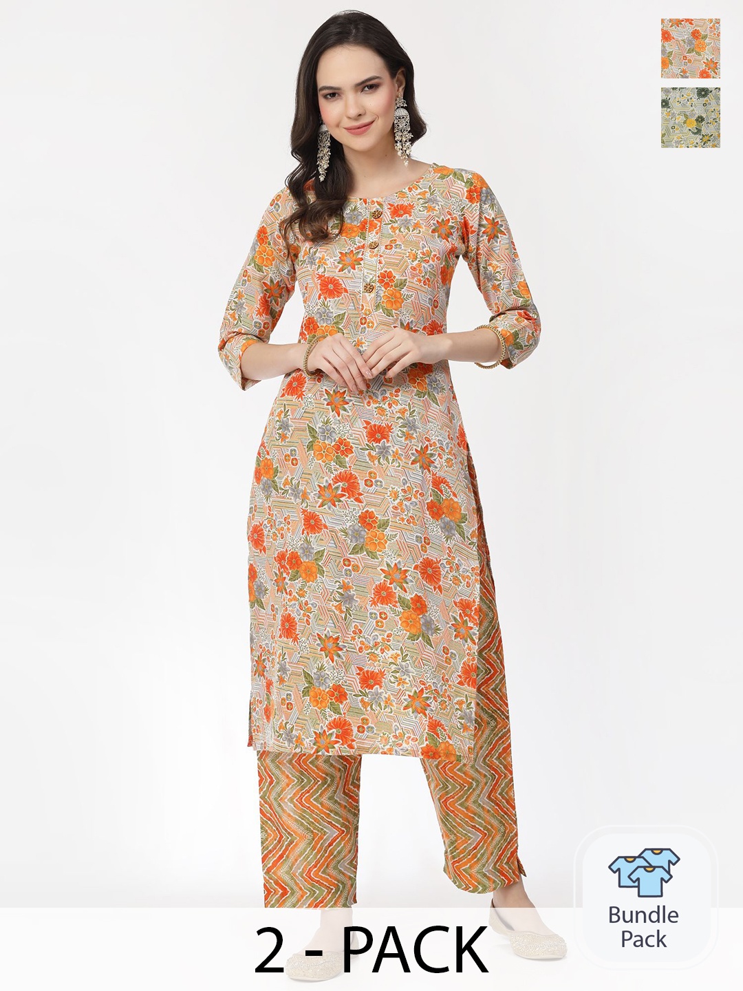 

KALINI Selection Of 2 Floral Printed Gotta Patti Pure Cotton Kurta With Trousers, Green