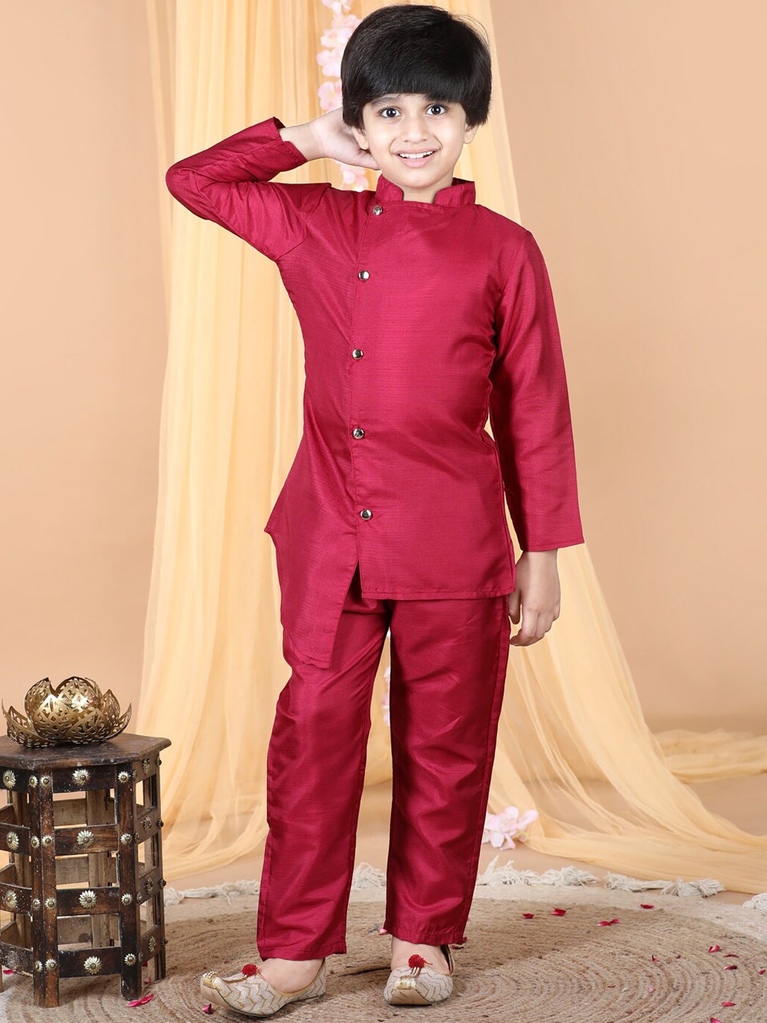 

Cutiekins Boys Mandarin Collar Angrakha Kurta with Pyjamas, Maroon