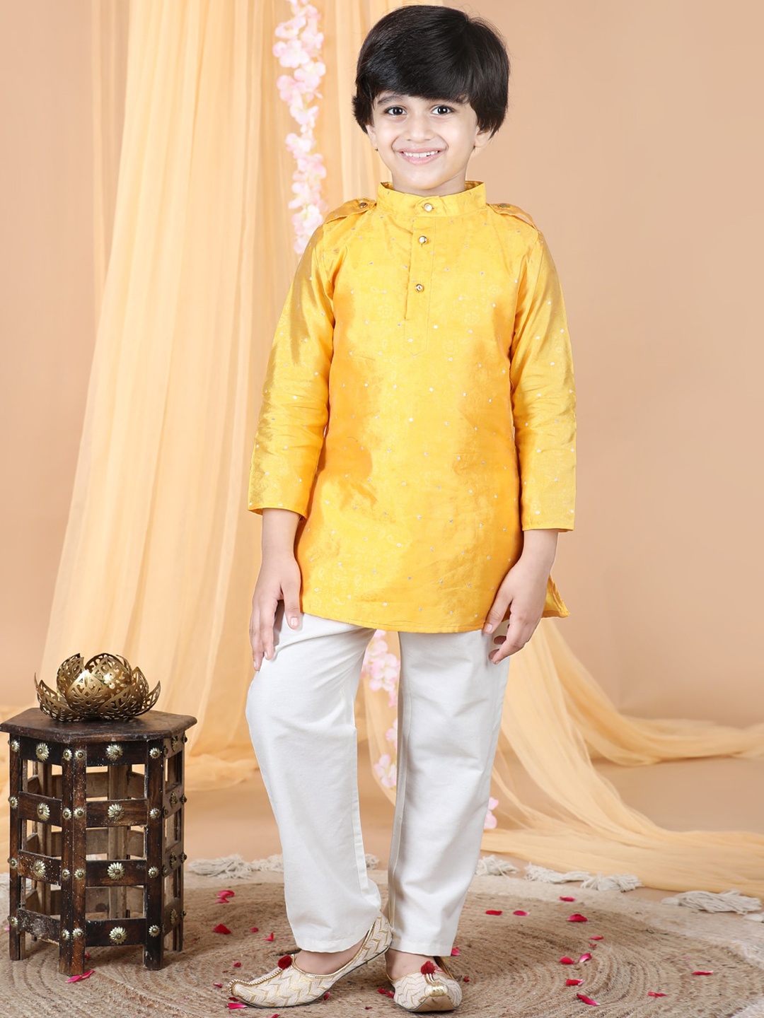 

Cutiekins Boys Woven Design Mandarin Collar Regular Kurta with Pyjamas, Mustard