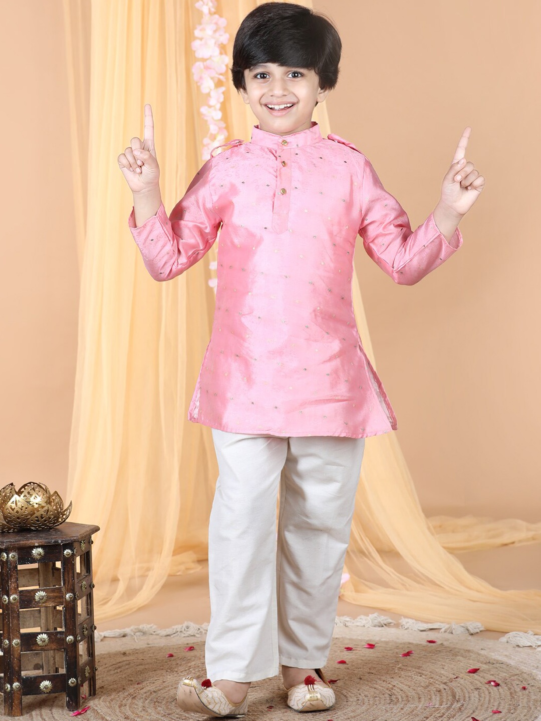 

Cutiekins Boys Woven Design Mandarin Collar Kurta with Pyjamas, Pink