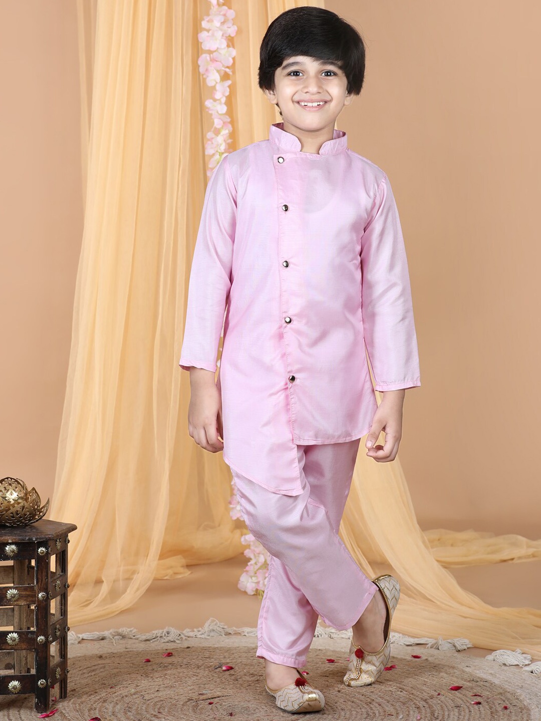 

Cutiekins Boys Mandarin Collar Asymmetric Kurta With Pyjamas, Pink