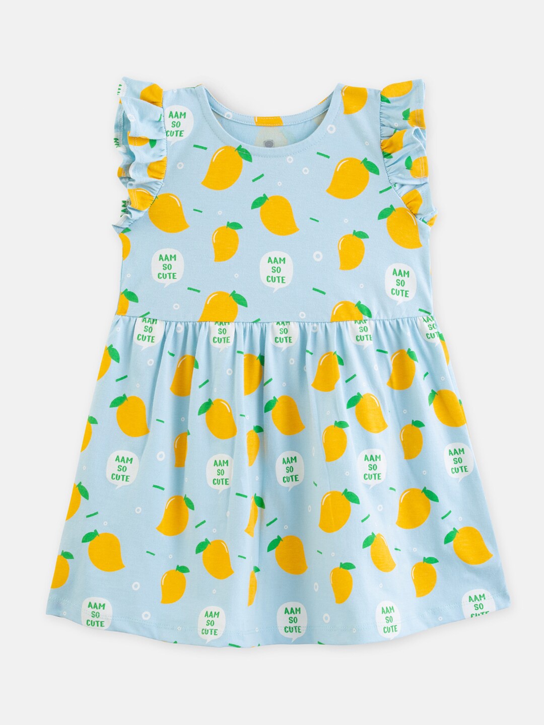 

Cuddles for Cubs Girls Conversational Printed Flutter Sleeve Cotton Fit & Flare Dress, Blue