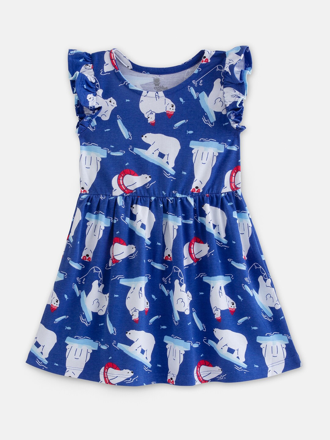 

Cuddles for Cubs Girls Conversational Printed Flutter Sleeves Cotton A-Line Dress, Blue