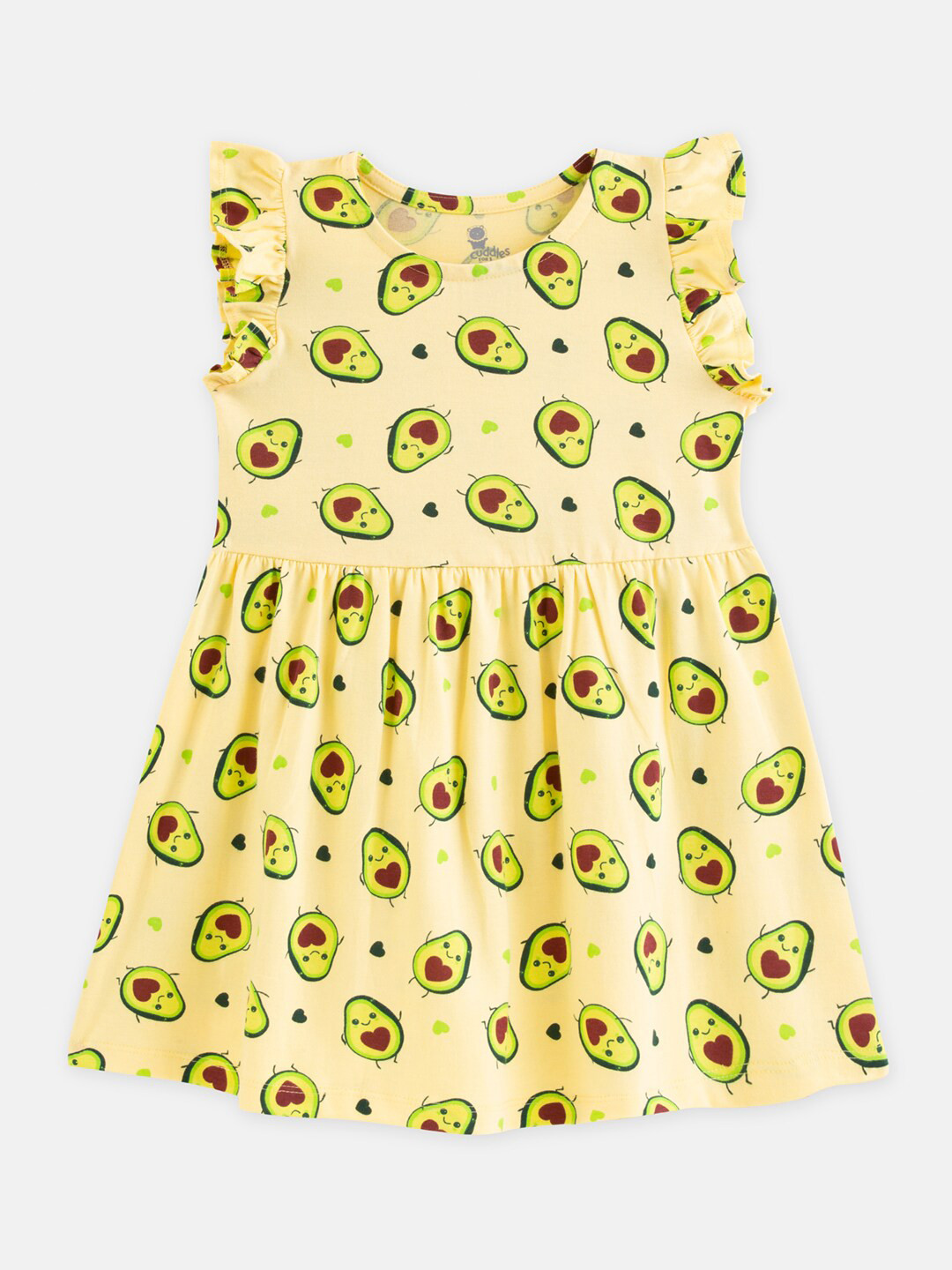 

Cuddles for Cubs Girls Conversational Printed Flutter Sleeves Cotton A-Line Dress, Yellow