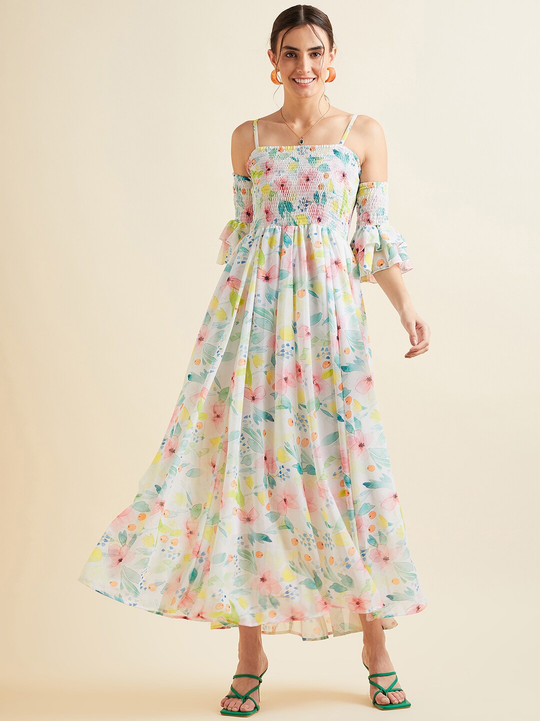 

PANIT Floral Printed Smocked Off Shoulder Georgette Maxi Dress, White