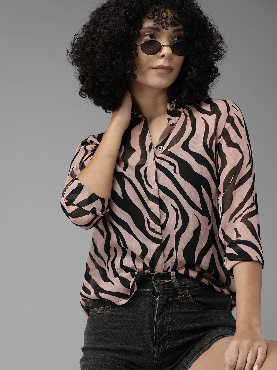 

Roadster Women Sheer Printed Casual Shirt, Peach
