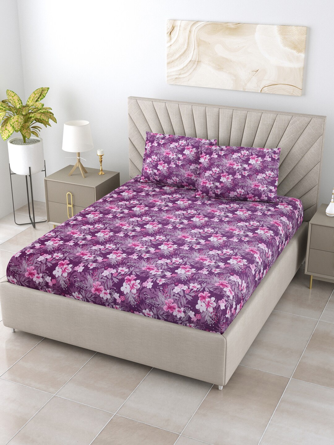 

BOMBAY DYEING Epigram Pink Floral Pure Cotton 120 TC Queen Bedsheet & Pillow Covers