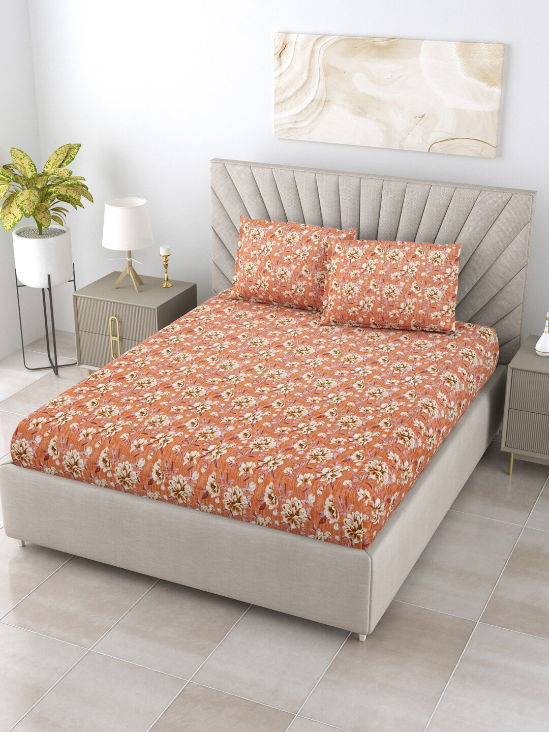 

BOMBAY DYEING Epigram Orange Printed Cotton 120 TC Queen Bedsheet with 2 Pillow Covers