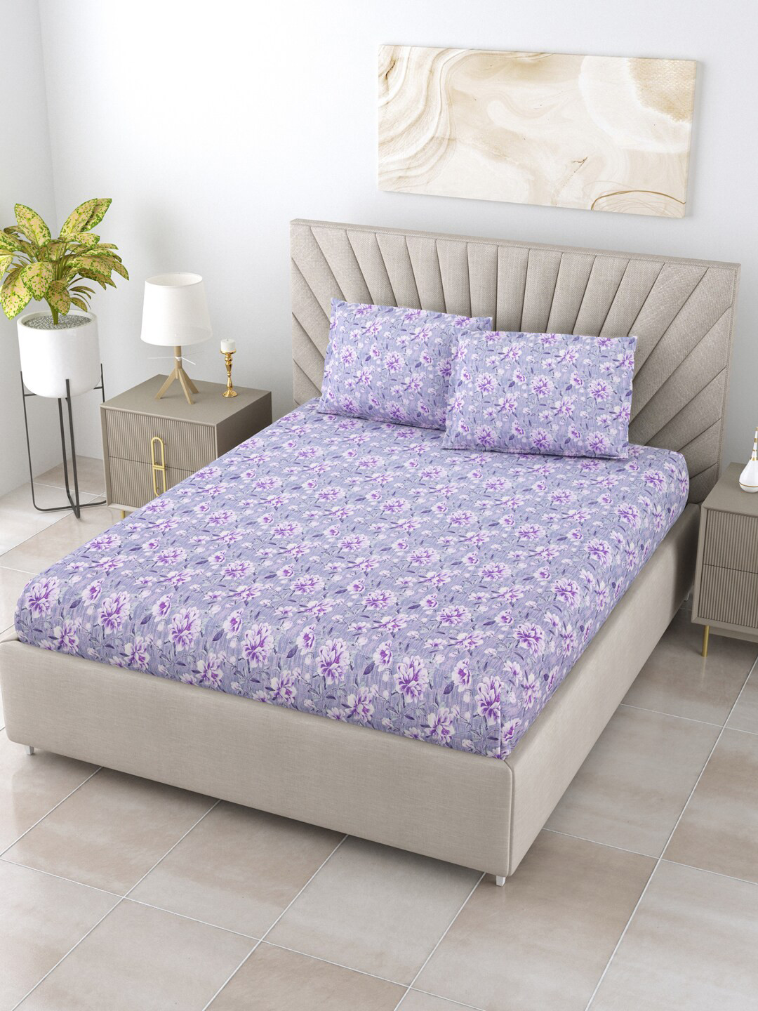 

BOMBAY DYEING Epigram Blue Floral Pure Cotton 120 TC Queen Bedsheet & Pillow Covers
