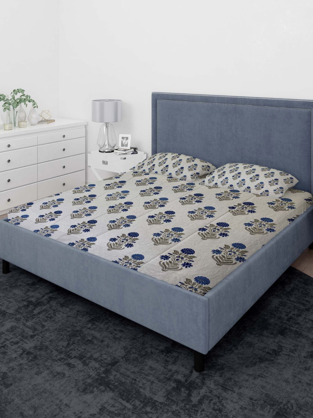 

Sleeping Owls- because your sleep matters Allure Blue Cotton 140 TC Queen Bedsheet Set, Off white