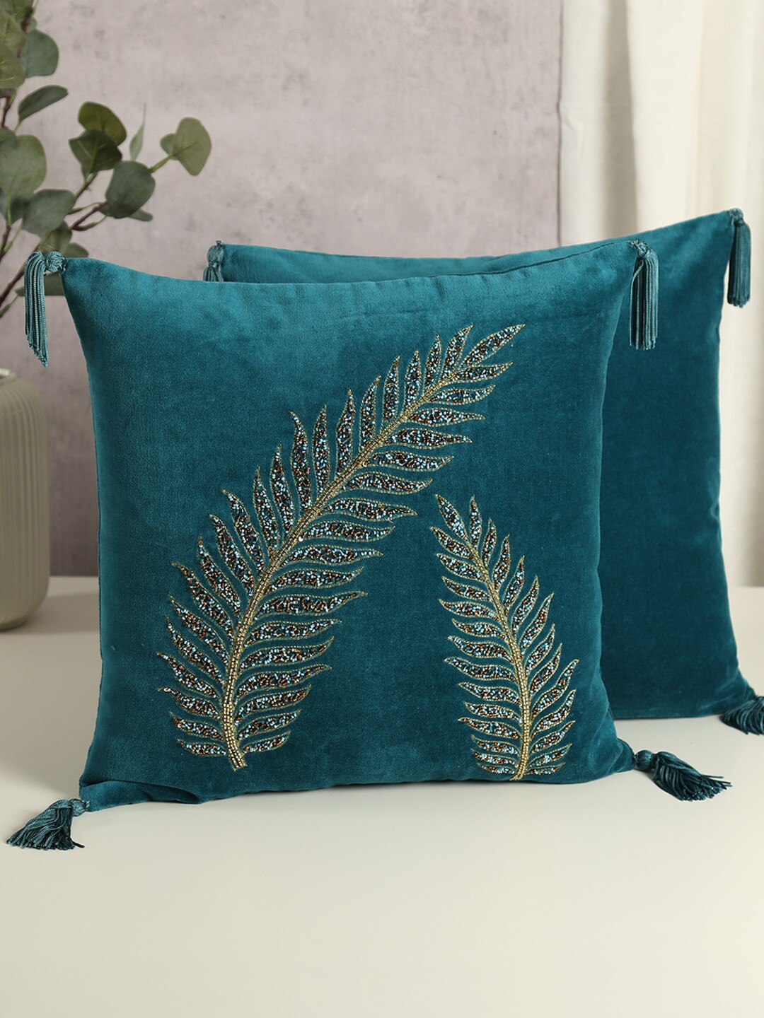 

India Circus by Krsnaa Mehta Blue & Green Floral Velvet Square Cushion Cover