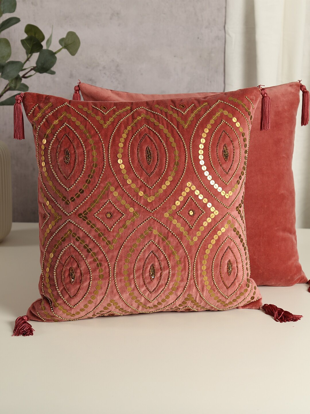 

India Circus by Krsnaa Mehta Pink Ethnic Motifs Velvet Square Cushion Cover