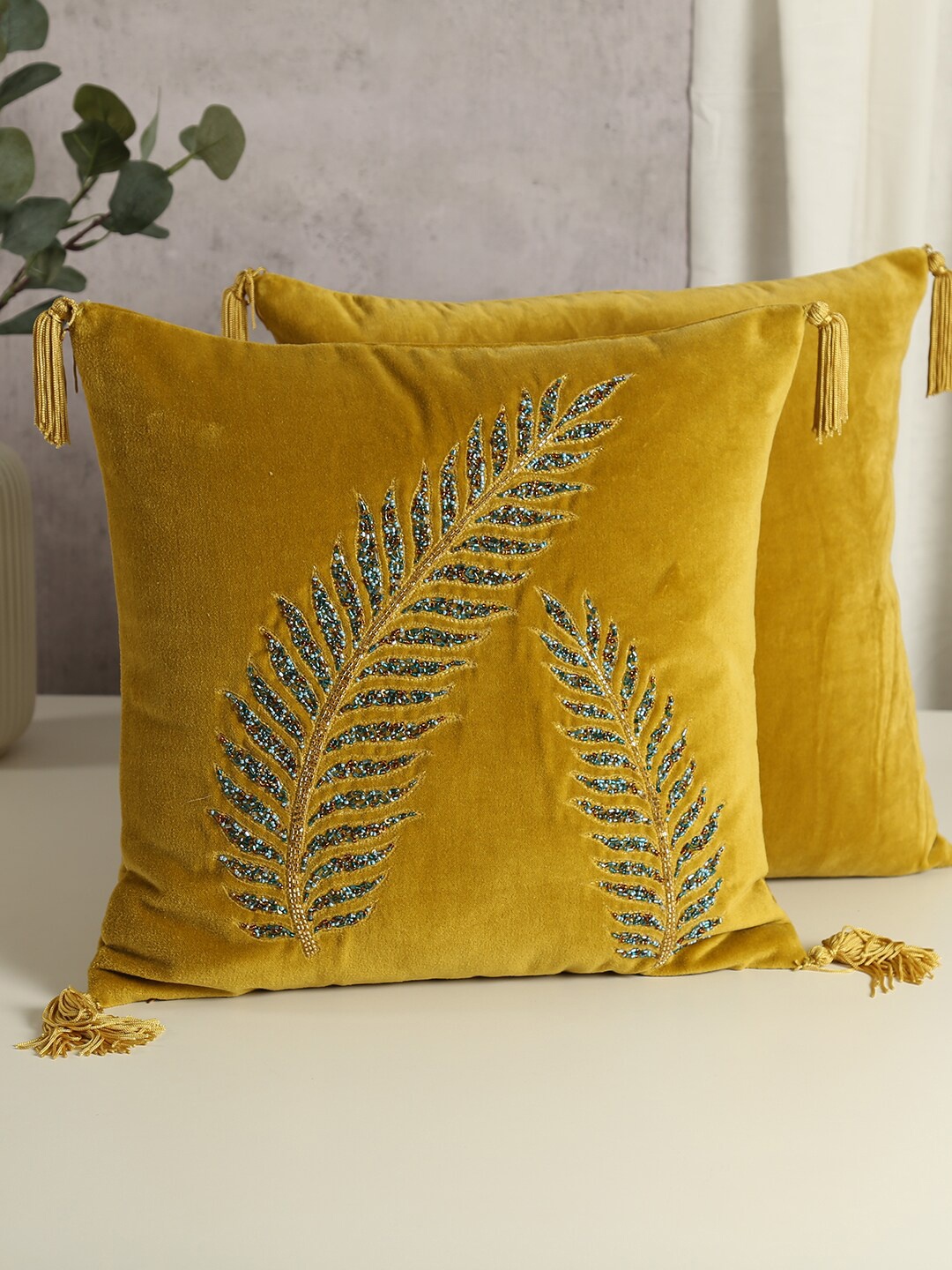 

India Circus by Krsnaa Mehta Mustard Floral Velvet Square Cushion Cover