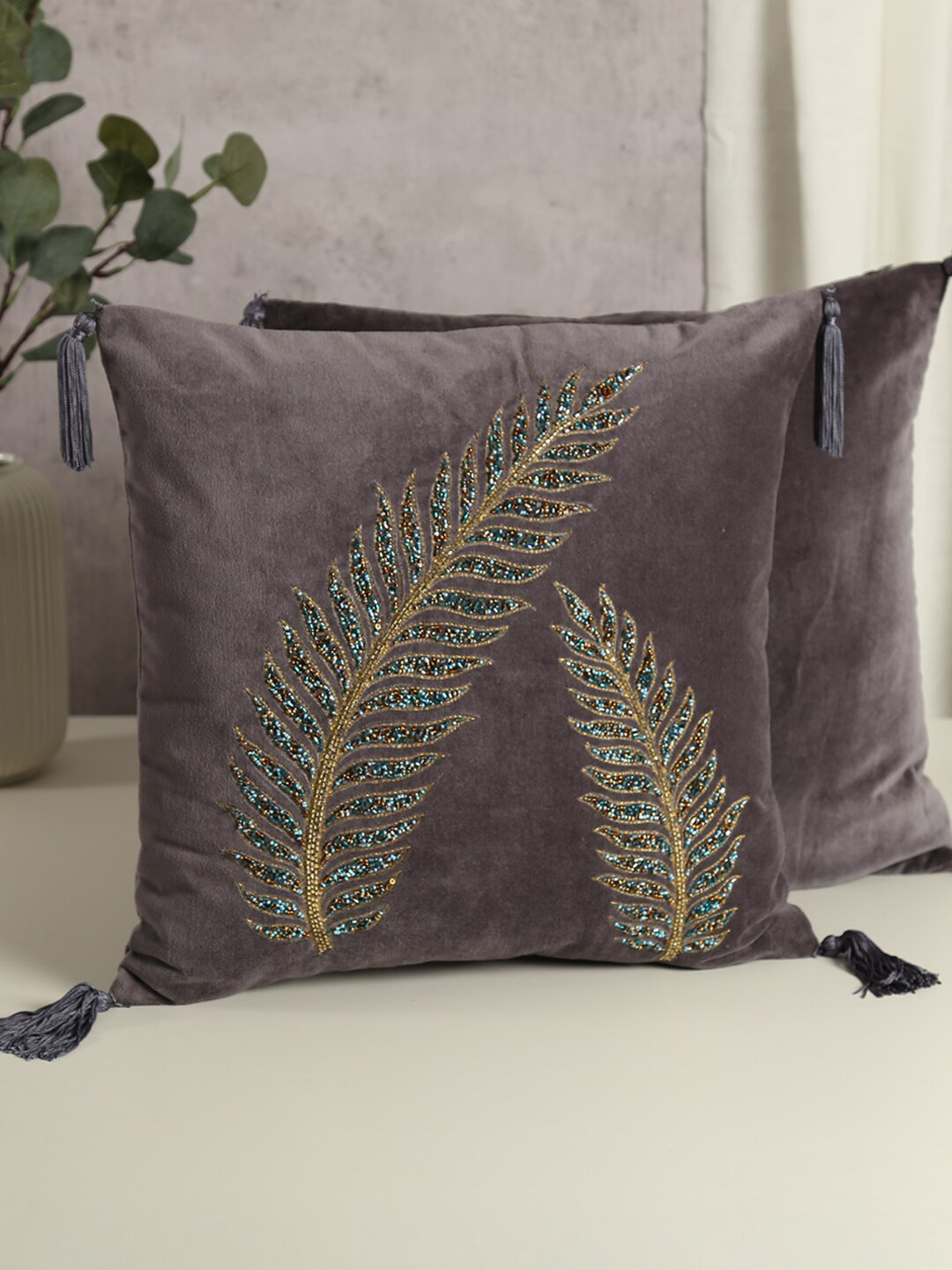 

India Circus by Krsnaa Mehta Grey Embroidered Velvet Square Cushion Cover