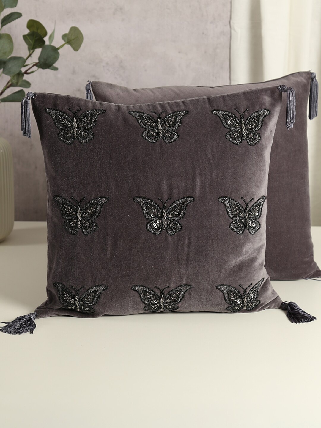 

India Circus by Krsnaa Mehta Grey Embroidered Velvet Square Cushion Cover