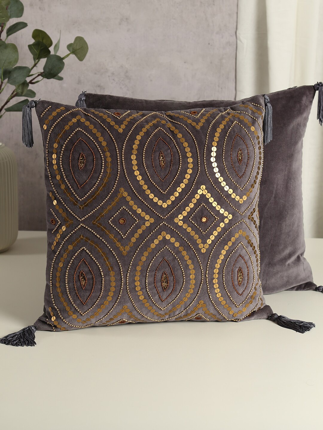 India Circus by Krsnaa Mehta Grey & Gold-Toned Ethnic Motifs Velvet Square Cushion Cover