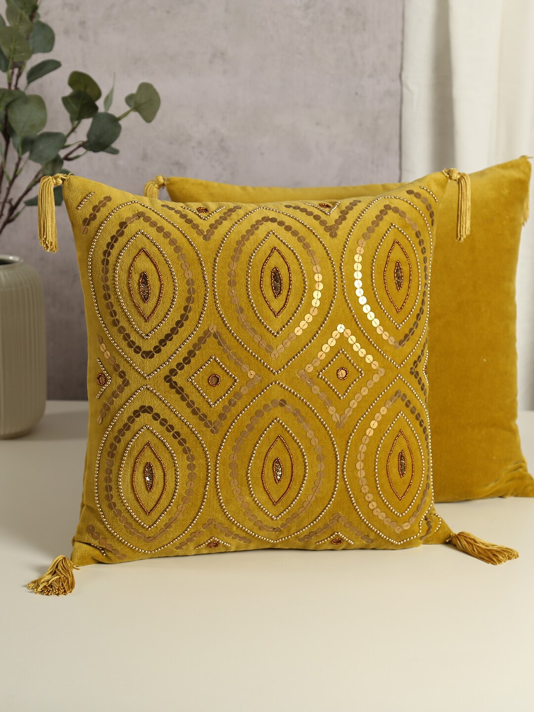 

India Circus by Krsnaa Mehta Mustard Embroidered Velvet Square Cushion Cover