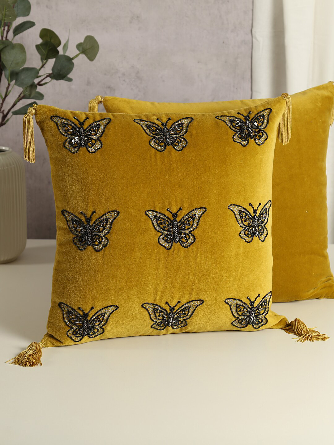 

India Circus by Krsnaa Mehta Mustard Embroidered Velvet Square Cushion Cover
