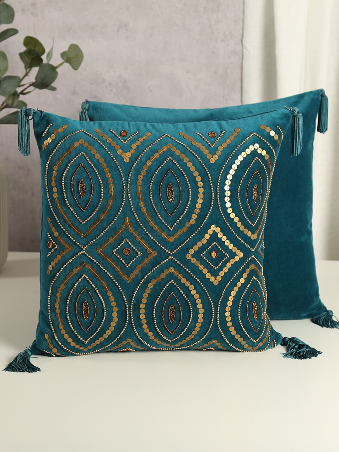 

India Circus by Krsnaa Mehta Blue Ethnic Motifs Velvet Square Cushion Cover