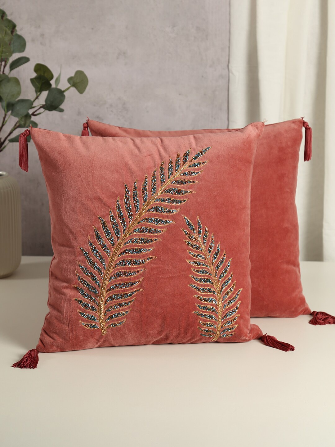 

India Circus by Krsnaa Mehta Pink Floral Velvet Square Cushion Cover