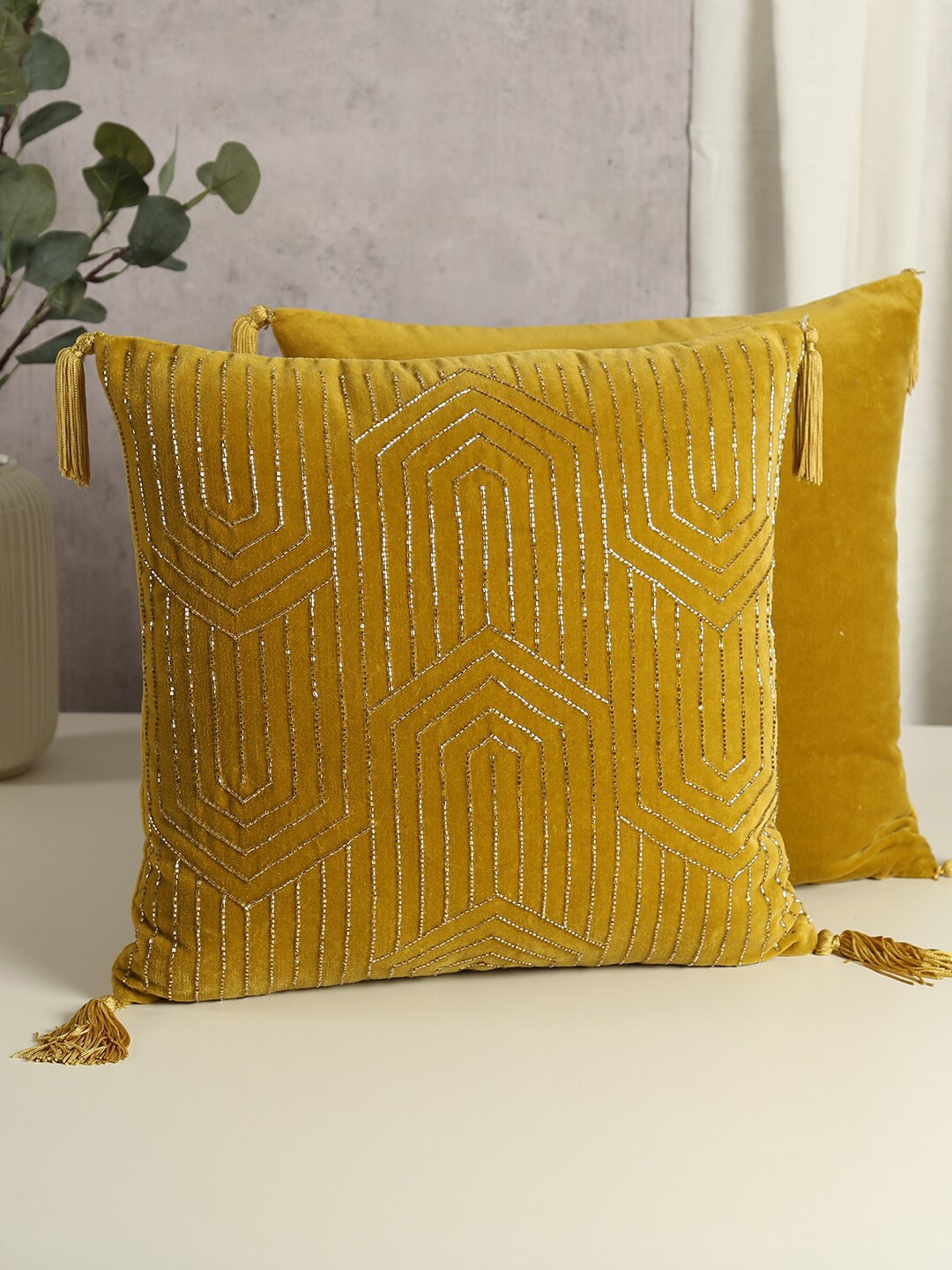 

India Circus by Krsnaa Mehta Mustard Embroidered Velvet Square Cushion Cover