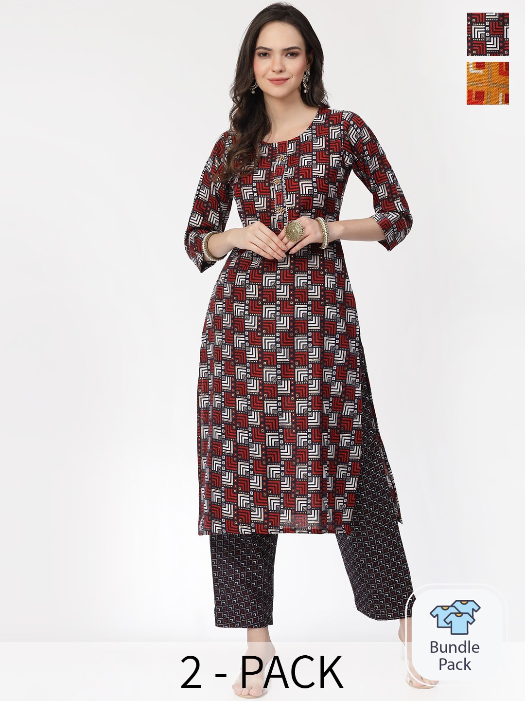 

KALINI Selection Of 2 Geometric Printed Pure Cotton Straight Kurta with Trousers, Red