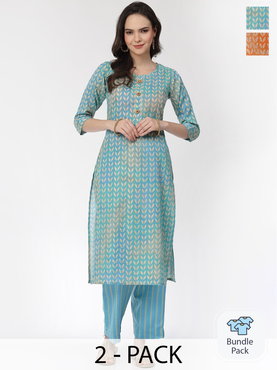 

KALINI Selection Of 2 Ethnic Motifs Printed Regular Cotton Gotta Patti Kurta with Trousers, Blue