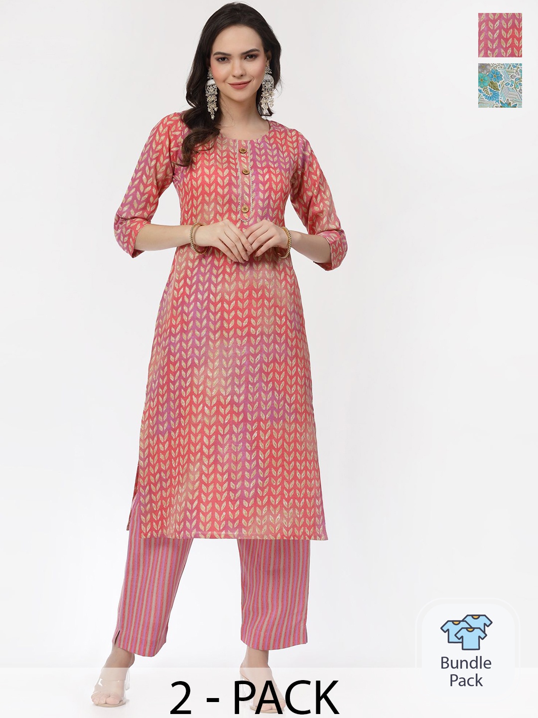 

KALINI Selection Of 2 Ethnic Motifs Printed Gotta Patti Pure Cotton Kurta With Trousers, Pink