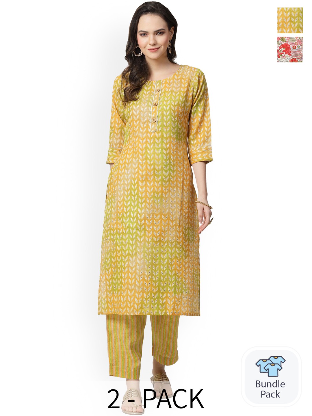 

KALINI Selection Of 2 Printed Regular Pure Cotton Gotta Patti Kurta with Trousers, Green