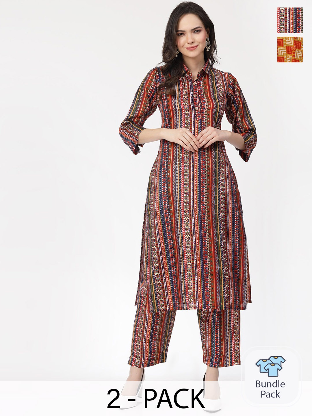 

KALINI Pack Of 2 Geometric Printed Regular Pure Cotton Kurta With Trousers, Red