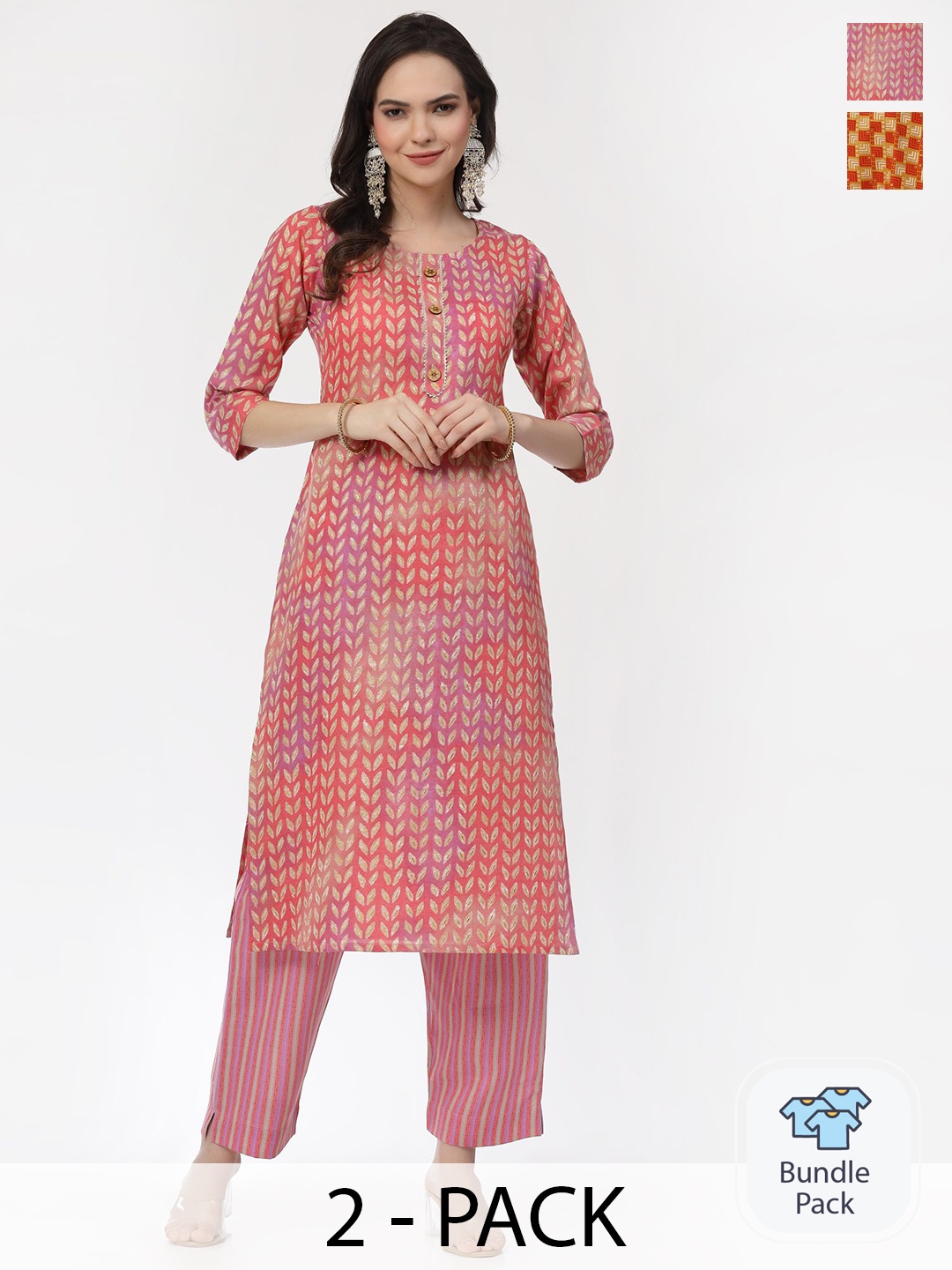 

KALINI Pack Of 2 Geometric Printed Regular Pure Cotton Kurta With Trousers, Red