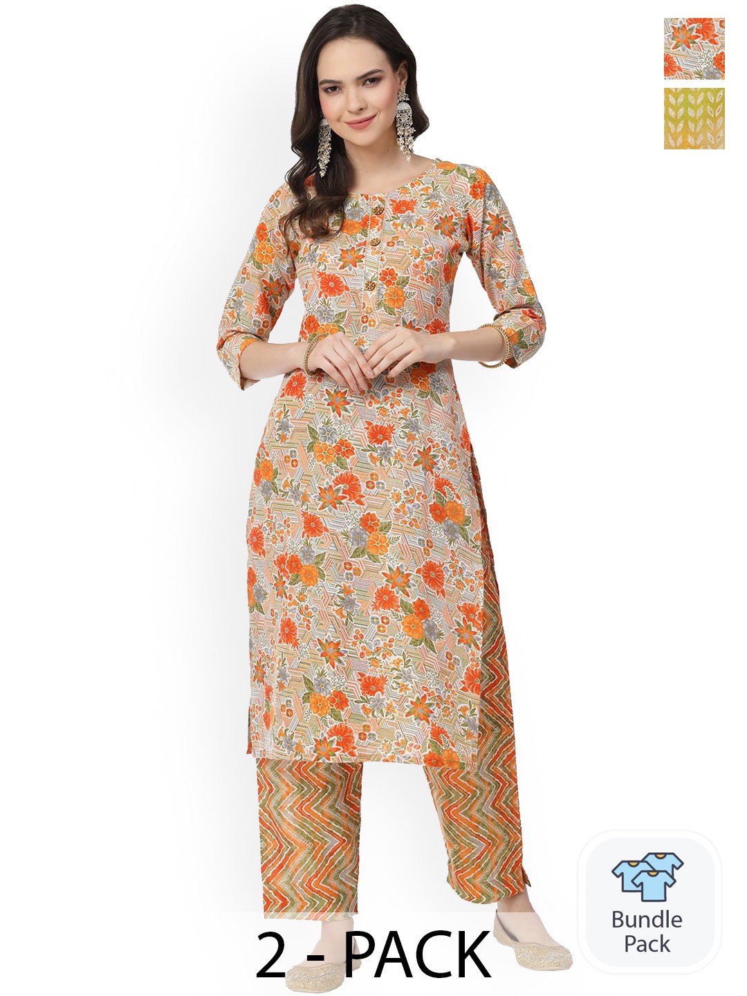 

KALINI Selection Of 2 Printed Regular Pure Cotton Gotta Patti Kurta with Trousers, Orange